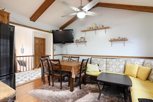 8360 W 100th Pl, Palos Hills, IL 60465 - dining space with a ceiling fan, lofted ceiling with beams, and wood finished floors