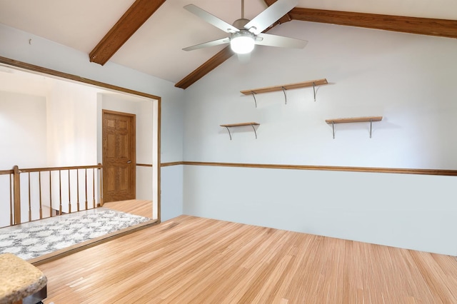 8360 W 100th Pl, Palos Hills, IL 60465 - empty room featuring vaulted ceiling with beams, a ceiling fan, and wood finished floors