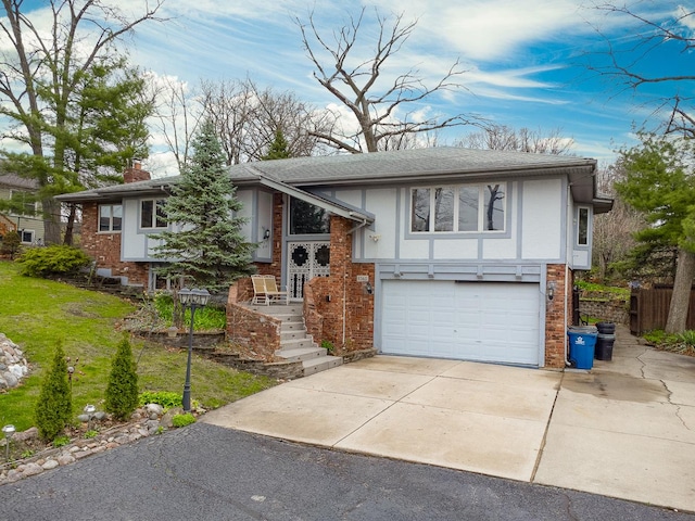 8360 W 100th Pl, Palos Hills, IL 60465 - split foyer home featuring a chimney, roof with shingles, a garage, brick siding, and concrete driveway