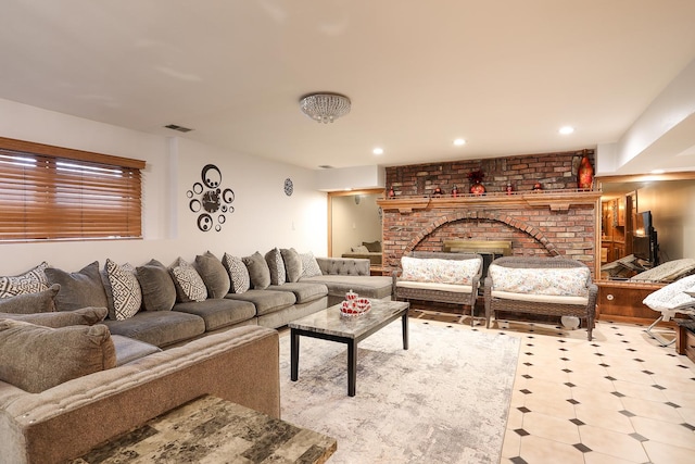 8360 W 100th Pl, Palos Hills, IL 60465 - living room featuring a brick fireplace, recessed lighting, and visible vents