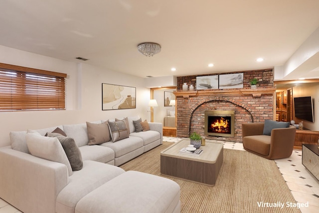8360 W 100th Pl, Palos Hills, IL 60465 - living room featuring visible vents, recessed lighting, and a brick fireplace