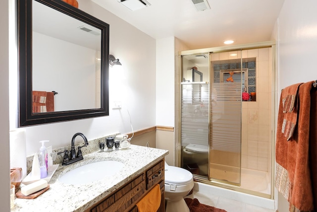 8360 W 100th Pl, Palos Hills, IL 60465 - bathroom featuring visible vents, vanity, toilet, tile patterned floors, and a shower stall