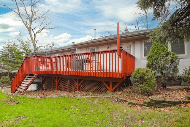 8360 W 100th Pl, Palos Hills, IL 60465 - rear view of house with a lawn, a wooden deck, stucco siding, and stairway