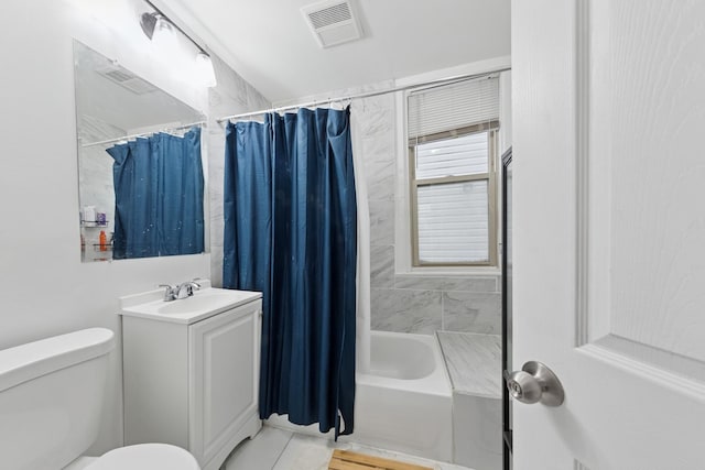 bathroom with vanity, shower / bath combination with curtain, toilet, and visible vents