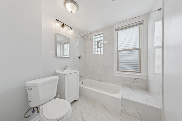full bathroom with vanity, marble finish floor, toilet, and shower / washtub combination