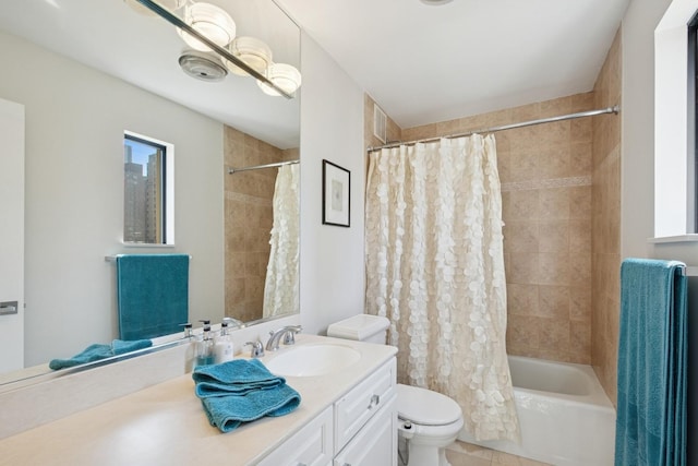 full bath with vanity, tile patterned floors, shower / bath combo, and toilet