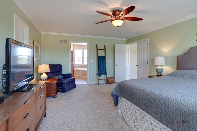 bedroom with ceiling fan, visible vents, ensuite bathroom, ornamental molding, and light carpet