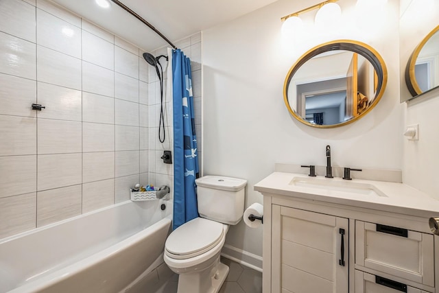 full bath with baseboards, shower / bath combo with shower curtain, toilet, vanity, and tile patterned flooring