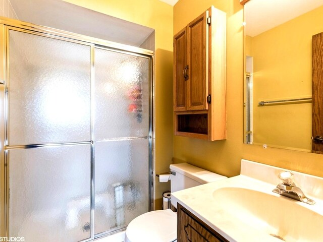 full bathroom featuring a shower stall, toilet, and vanity