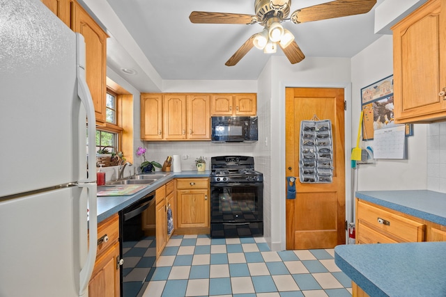 2500 S 7th Ave, North Riverside, IL 60546 - kitchen with black appliances, backsplash, a sink, a ceiling fan, and dark countertops
