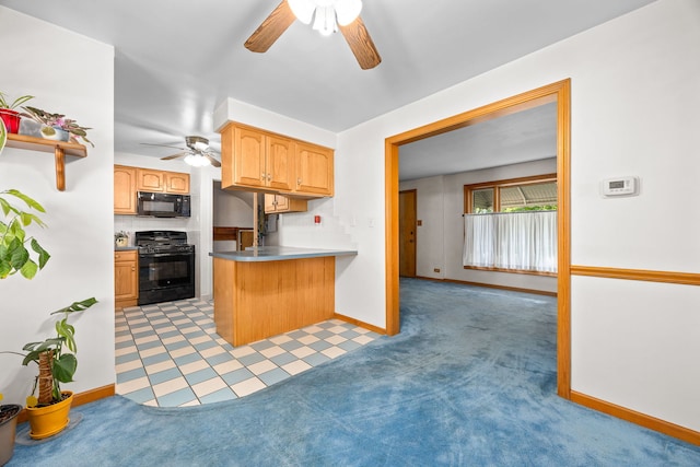 2500 S 7th Ave, North Riverside, IL 60546 - kitchen with black appliances, ceiling fan, baseboards, light colored carpet, and a peninsula