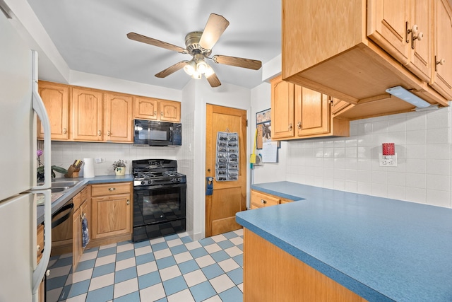 2500 S 7th Ave, North Riverside, IL 60546 - kitchen featuring black appliances, tasteful backsplash, ceiling fan, and light flooring