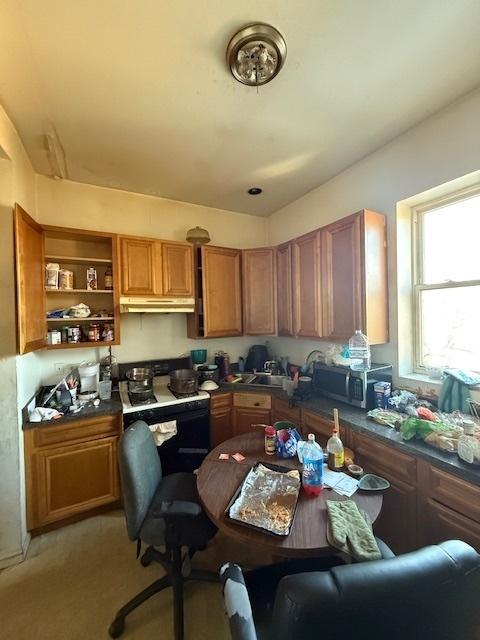 kitchen with stainless steel microwave, under cabinet range hood, open shelves, brown cabinetry, and dark countertops