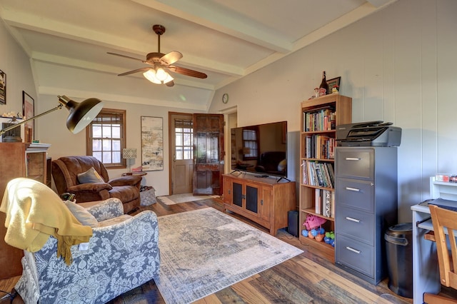 403 W 13th St, Sterling, IL 61081 - living room featuring wood finished floors, ceiling fan, and vaulted ceiling with beams