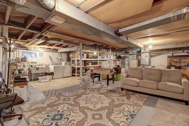 403 W 13th St, Sterling, IL 61081 - unfinished basement featuring water heater, heating unit, and washing machine and dryer