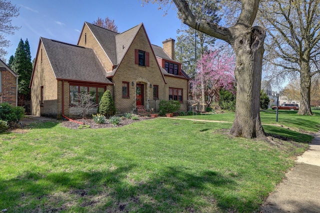 403 W 13th St, Sterling, IL 61081 - tudor home with a chimney, brick siding, and a front yard