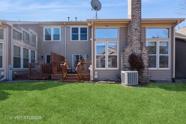 960 Heathrow Ln, Naperville, IL 60540 - back of house featuring central AC, a chimney, a wooden deck, and a yard