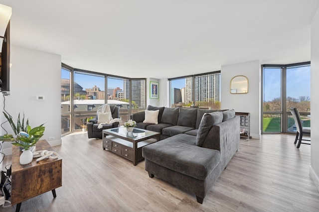 living room featuring baseboards, a wall of windows, a city view, and light wood finished floors