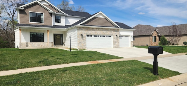 2102 Slade Ln E, Mahomet, IL 61853 - craftsman-style house with covered porch, driveway, a garage, a front lawn, and stone siding