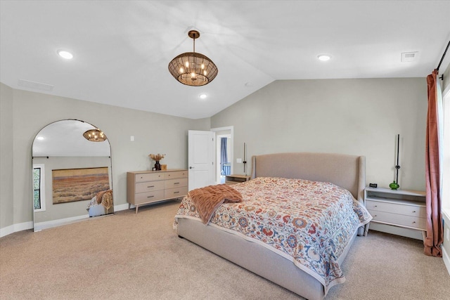 2102 Slade Ln E, Mahomet, IL 61853 - bedroom featuring vaulted ceiling, recessed lighting, and light colored carpet