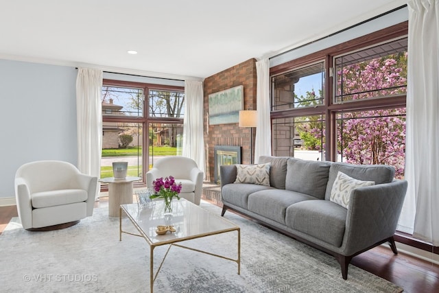 living room featuring plenty of natural light, baseboards, wood finished floors, and a fireplace