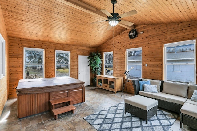 interior space featuring wooden ceiling, ceiling fan, lofted ceiling with beams, and wood walls