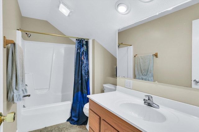 full bathroom with visible vents, vanity, lofted ceiling, shower / bath combination with curtain, and toilet