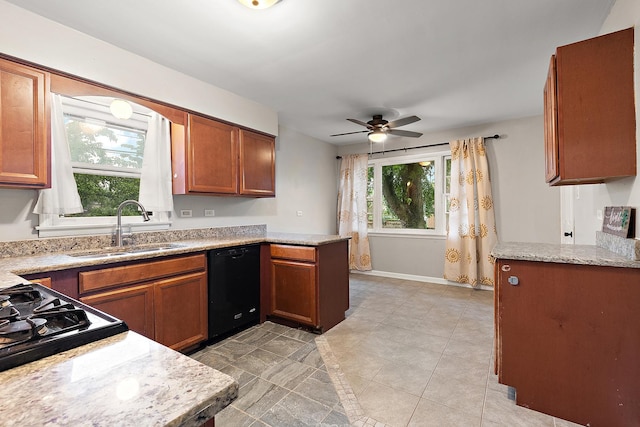 15058 Tripp Ave, Midlothian, IL 60445 - kitchen with dishwasher, a sink, ceiling fan, brown cabinets, and a peninsula