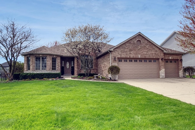single story home featuring a front yard, driveway, a garage, and brick siding