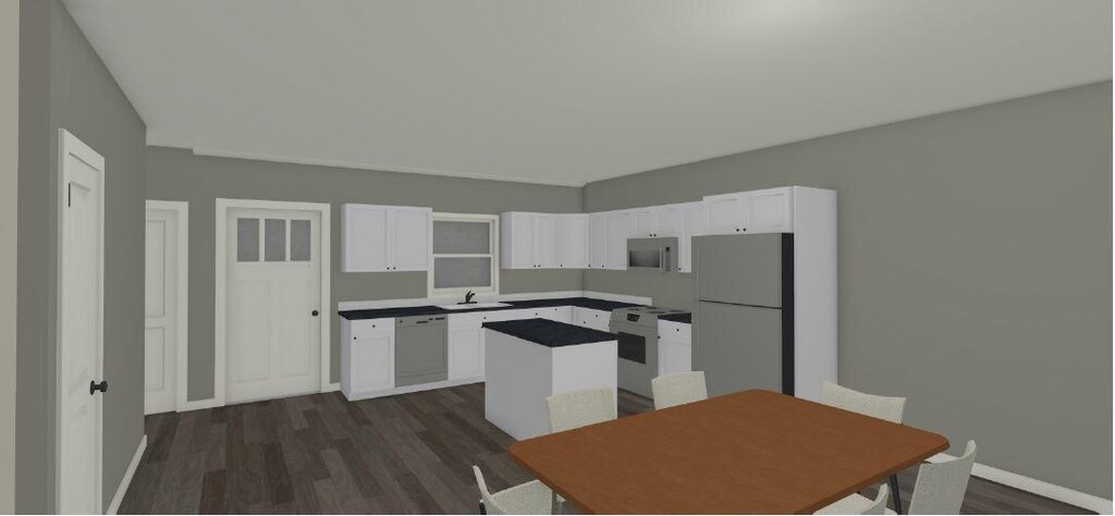 kitchen with dark wood finished floors, white appliances, white cabinets, baseboards, and a center island