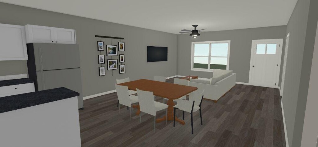 dining room featuring ceiling fan, dark wood-style flooring, and baseboards
