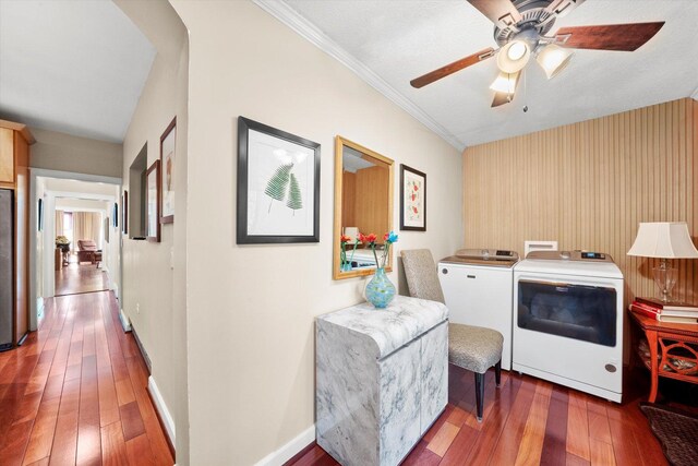 3924 W 64th Pl, Chicago, IL 60629 - laundry area with washer and clothes dryer, hardwood / wood-style floors, ceiling fan, ornamental molding, and baseboards