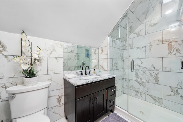3924 W 64th Pl, Chicago, IL 60629 - full bathroom featuring tile walls, a shower stall, vanity, lofted ceiling, and toilet