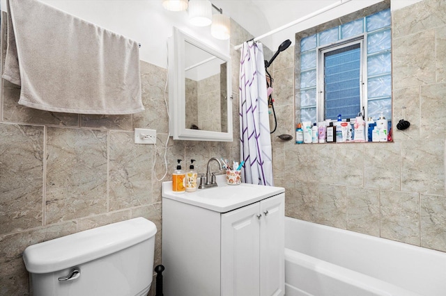 3924 W 64th Pl, Chicago, IL 60629 - bathroom featuring shower / tub combo, toilet, tile walls, and vanity