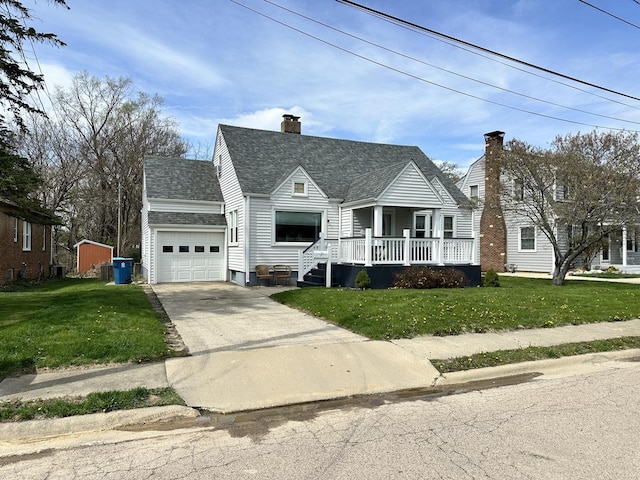 cape cod house featuring a chimney, covered porch, a front lawn, concrete driveway, and an attached garage