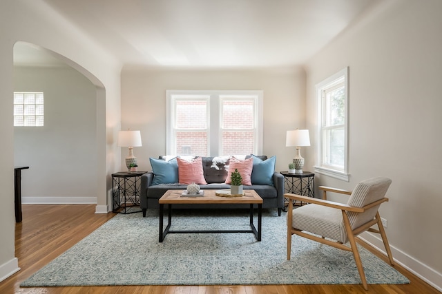 living room with baseboards, arched walkways, and wood finished floors