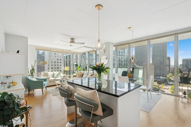 659 W Randolph St Unit 1720, Chicago, IL 60661 - dining space featuring light wood-type flooring, expansive windows, a ceiling fan, and a view of city