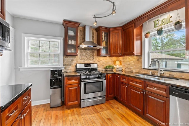 kitchen with a sink, stainless steel appliances, wall chimney exhaust hood, and a wealth of natural light