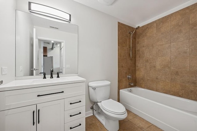 full bathroom featuring vanity, visible vents, toilet, tile patterned floors, and  shower combination