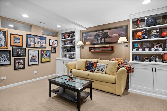 living room featuring baseboards, visible vents, carpet, and recessed lighting