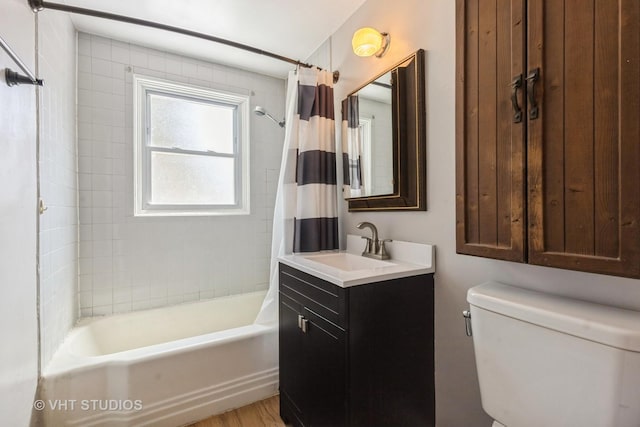 bathroom with toilet, shower / bath combination with curtain, wood finished floors, and vanity