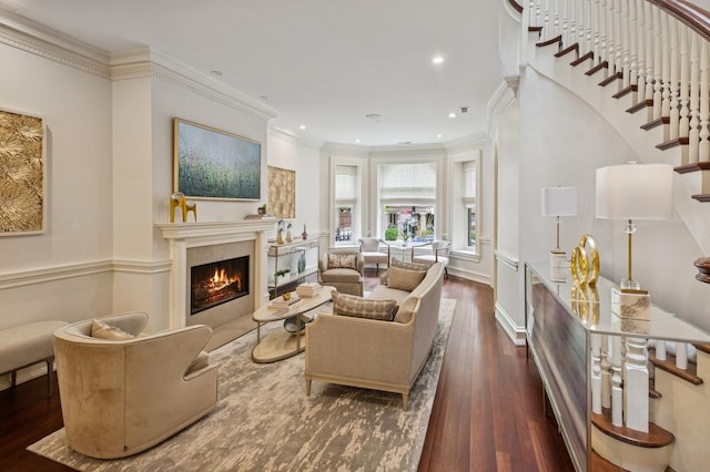 1242 N Astor St, Chicago, IL 60610 - living room featuring stairway, recessed lighting, a warm lit fireplace, and wood finished floors