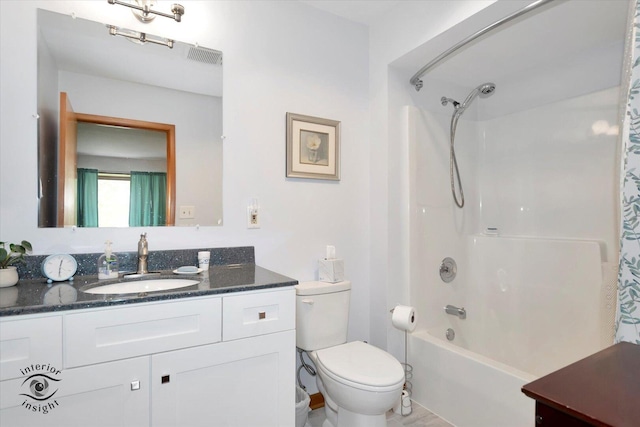 full bath with vanity, toilet, shower / bath combo with shower curtain, and visible vents