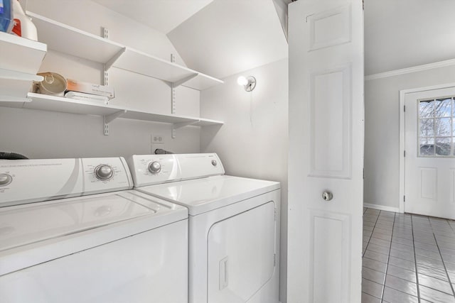 1005 Thomas Blvd, Mundelein, IL 60060 - laundry room featuring crown molding, laundry area, baseboards, light tile patterned floors, and washing machine and dryer