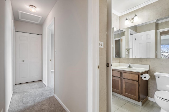 1005 Thomas Blvd, Mundelein, IL 60060 - bathroom with vanity, baseboards, crown molding, and toilet