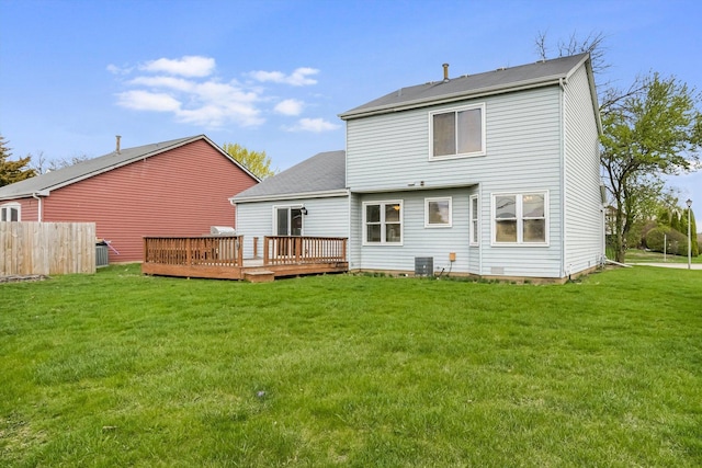 1005 Thomas Blvd, Mundelein, IL 60060 - rear view of house with central AC, a yard, a deck, and fence