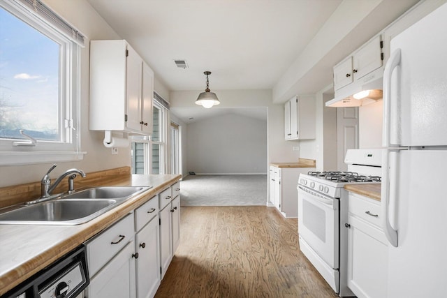 1005 Thomas Blvd, Mundelein, IL 60060 - kitchen featuring a sink, white appliances, white cabinetry, wood finished floors, and under cabinet range hood