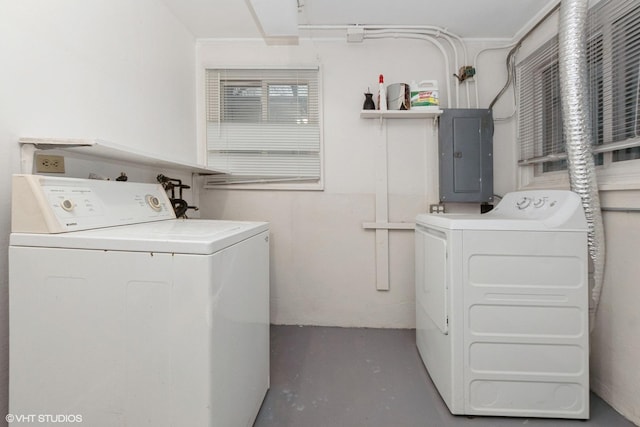 laundry room with electric panel, independent washer and dryer, and laundry area