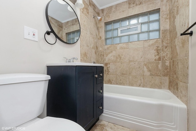 full bathroom with toilet, tile patterned floors, bathing tub / shower combination, and vanity