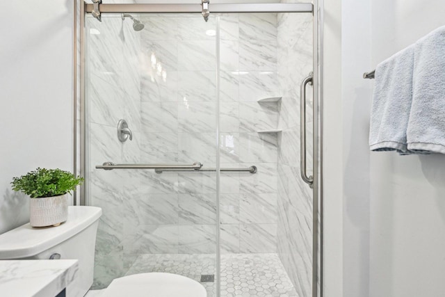 full bathroom featuring a shower stall and toilet